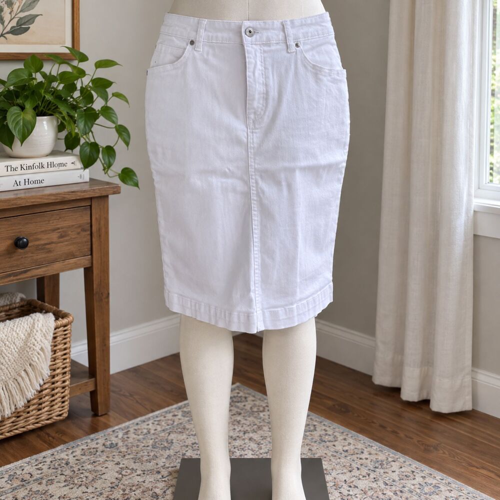 Style & Co Curvy Skirt Womens 6 White Stretch Denim Knee Length Pencil Skirt